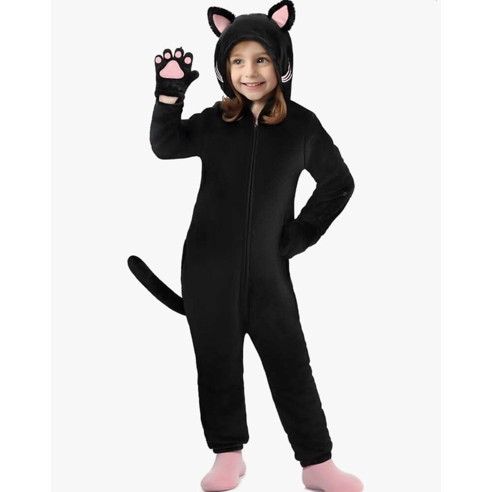 Black Cat Costume Halloween Dress Up Black kids  5-7 yrs One pc Jumpsuit Hoodie